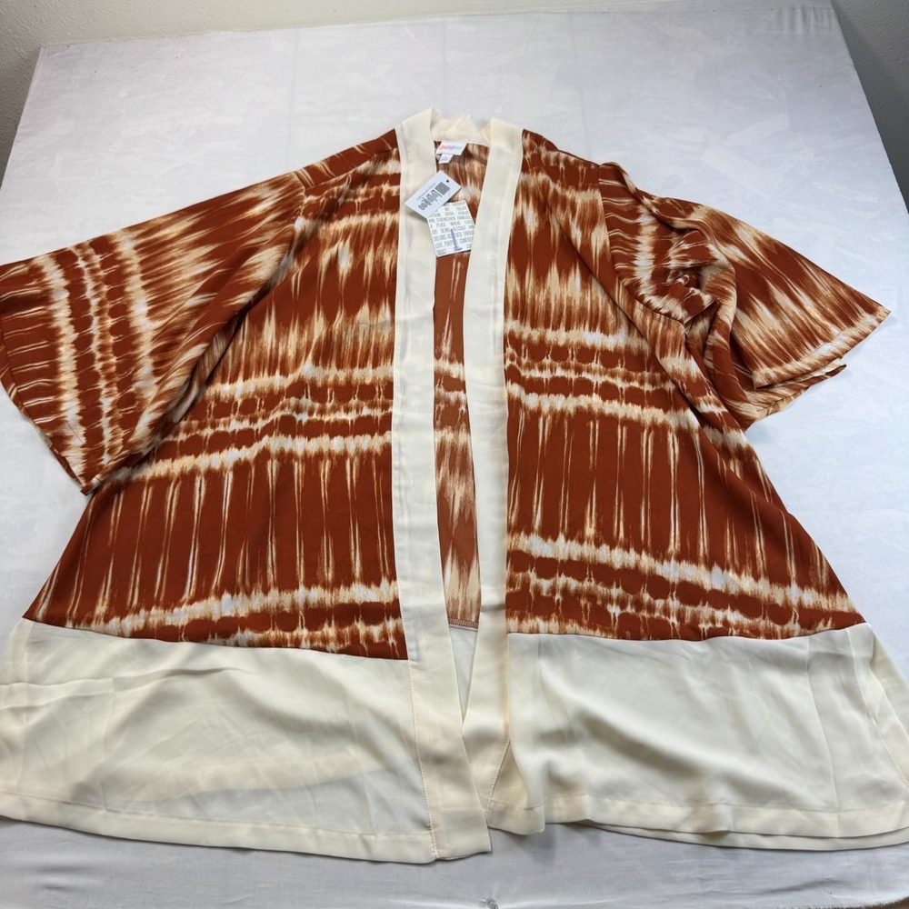 LuLaRoe Aurora Kimono Cardigan Womens L Brown Cream Tie Dye Stretch Open Front